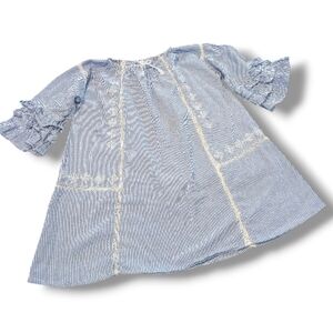 Next Blue and White Striped Blouse, Boho, 3/4 Sleeves With Ruffles & Embroidery